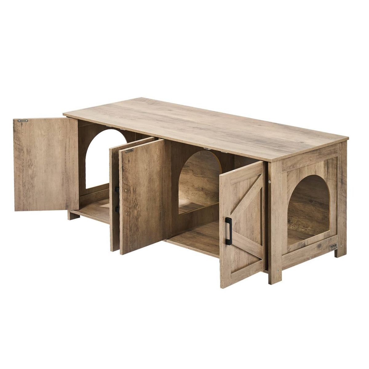 Wooden cat litter box enclosure with two rooms and arched entry openings, sliding doors