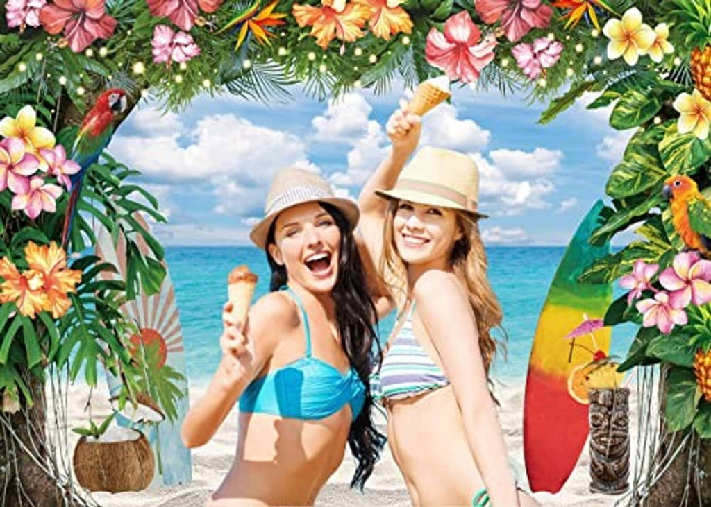 Tropical beach photography backdrop with floral border, ocean sky, and surfboards at the sides
