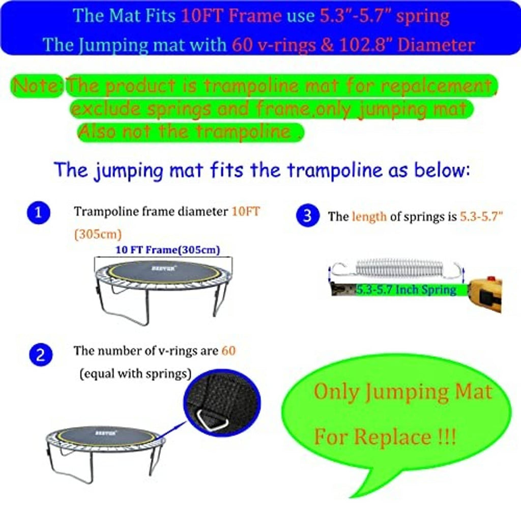 Trampoline mat replacement size guide diagram with spring and V-ring fit callouts