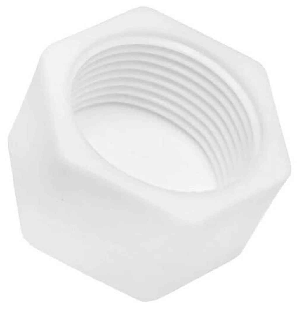 White hex plastic female pipe thread end cap with ridged interior threads