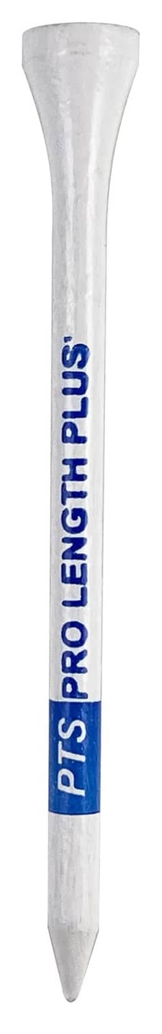 White wood golf tee close-up with blue PTS PLUS branding