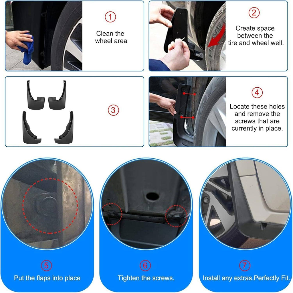 Mud flap installation instruction diagram with screws and wheel-area steps
