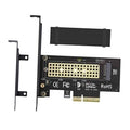 M.2 NVMe to PCIe x4 adapter card with black heatsink and mounting bracket
