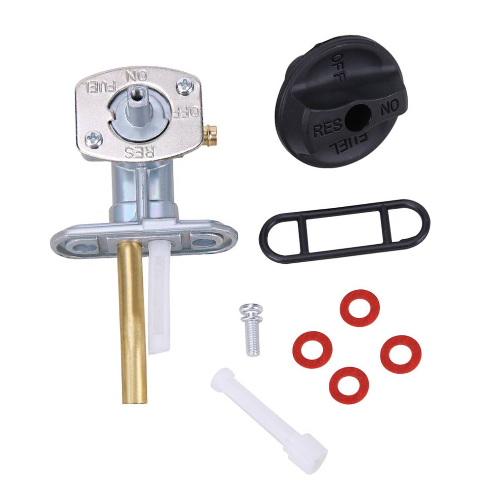 Fuel valve shut-off petcock kit with black knob, mounting flange, gasket and screws