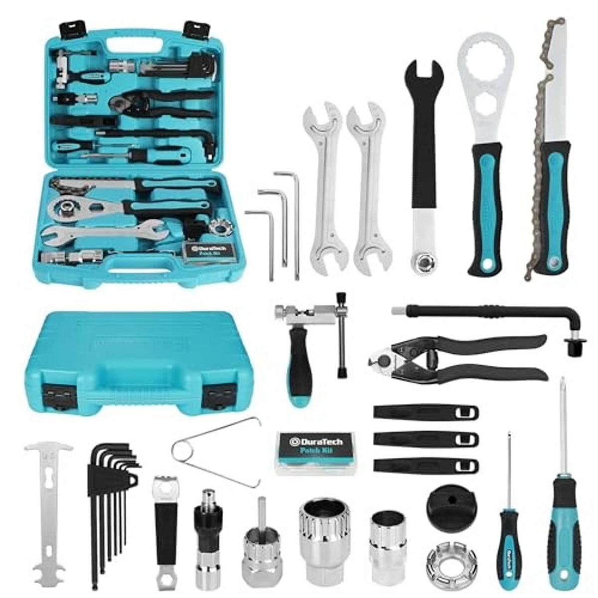 Teal bike repair tool kit laid out with wrenches, pliers, and tire levers
