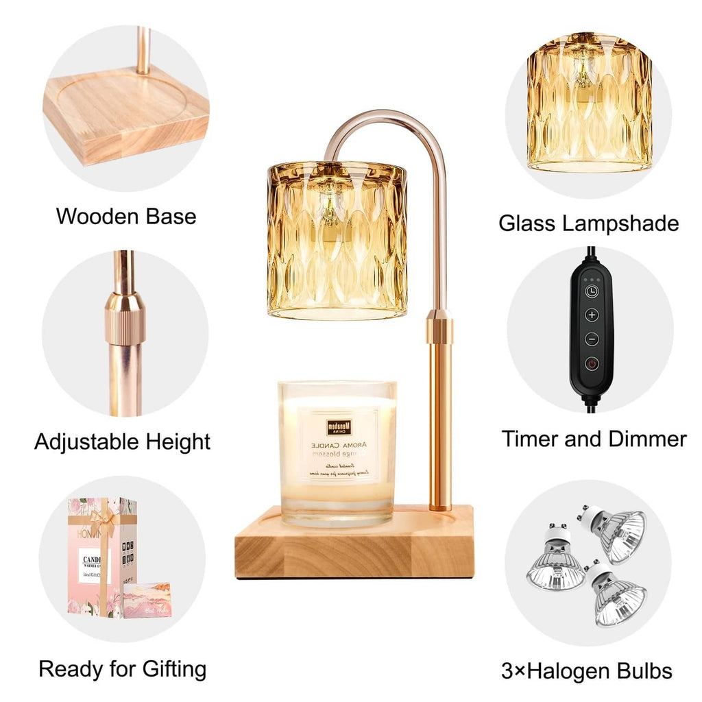 Gold candle warmer lamp with amber glass shade, wooden base, and timer remote
