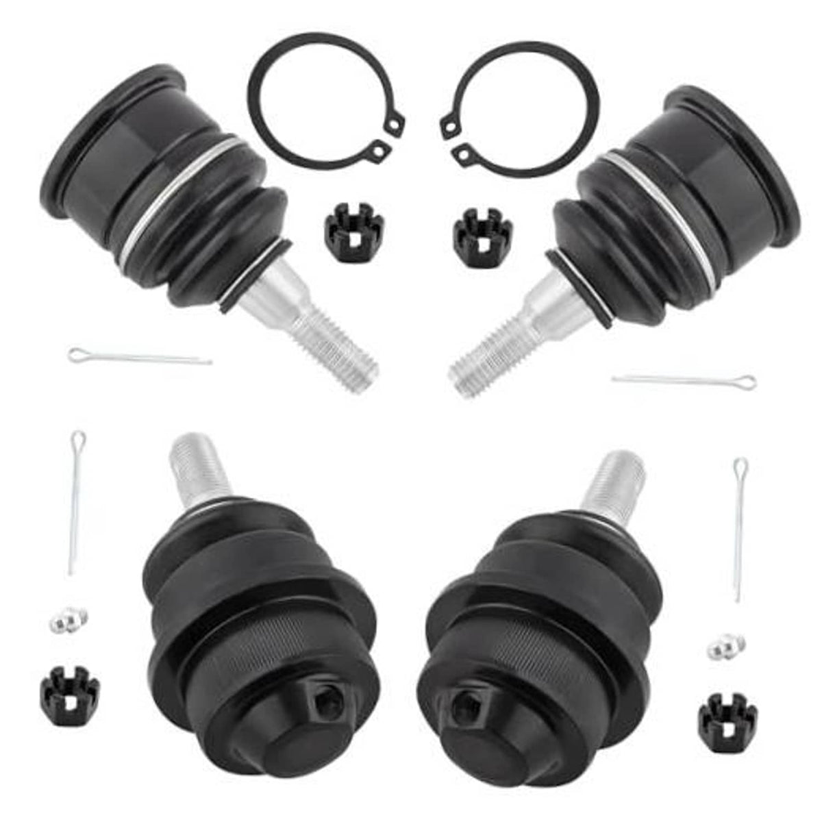 Front ball joint kit set (4) with black rubber boots, pins and retaining clips