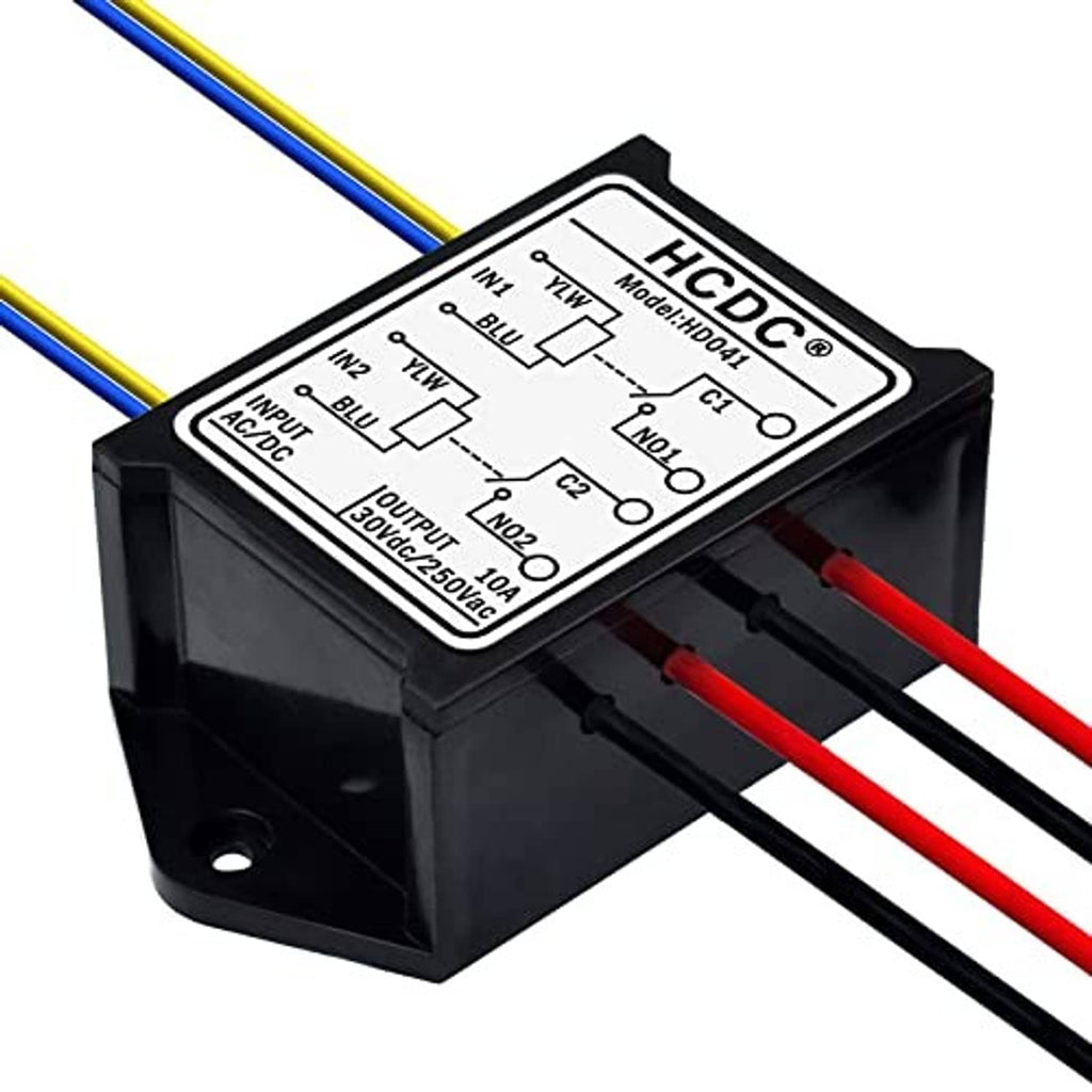 Black relay module with top wiring diagram label and four red/black output leads