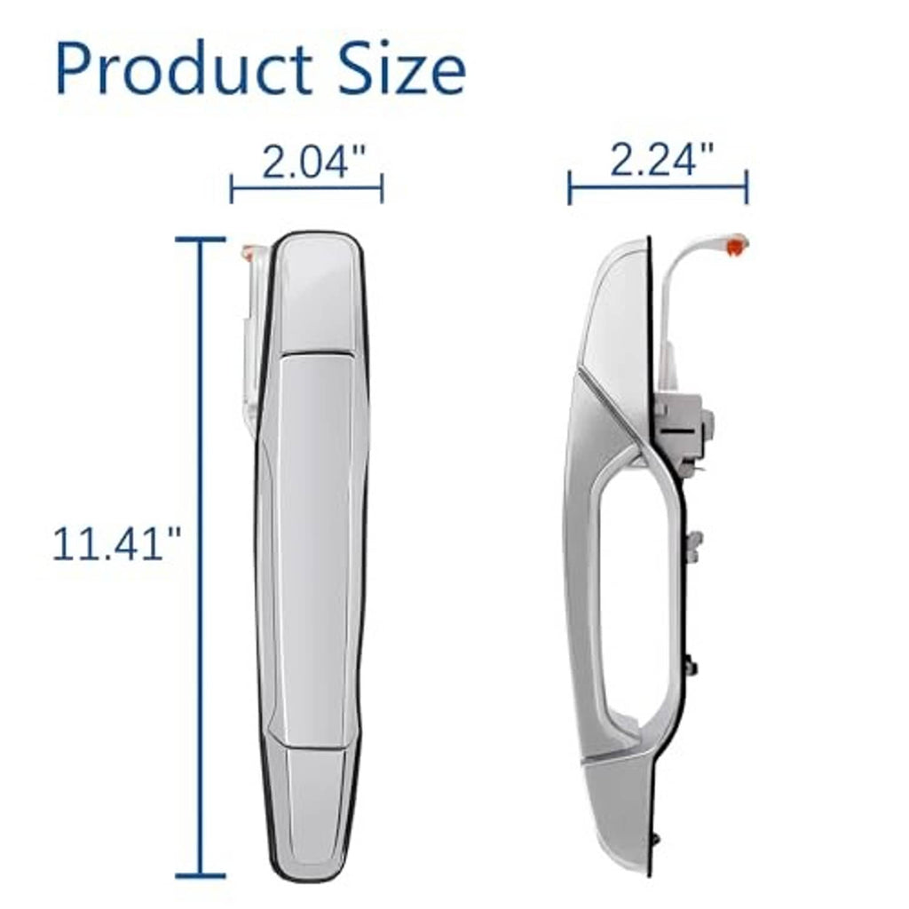 Exterior chrome rear-left door handle size dimensions, front and back views