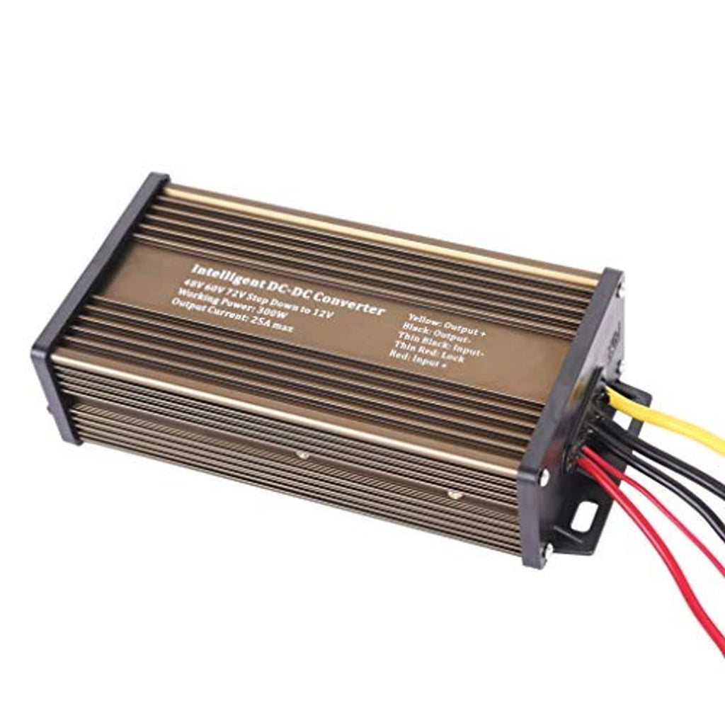 Finned DC step-down converter with side mounting bracket and power wires (red, yellow, black)