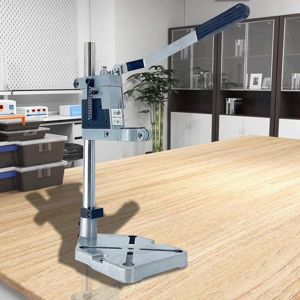 Adjustable drill press stand with gray base and blue handle clamp for precise drilling