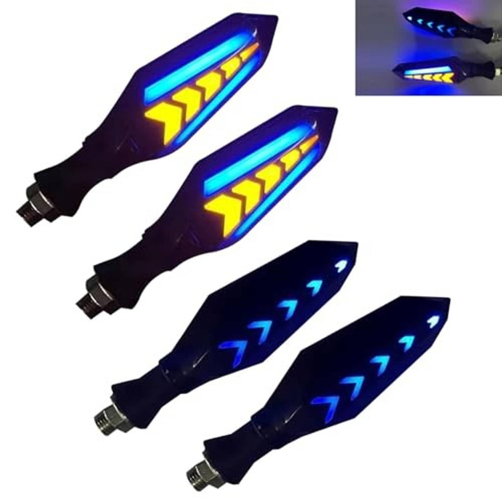 Set of motorcycle LED turn signal lights, black arrow housings glowing blue and yellow