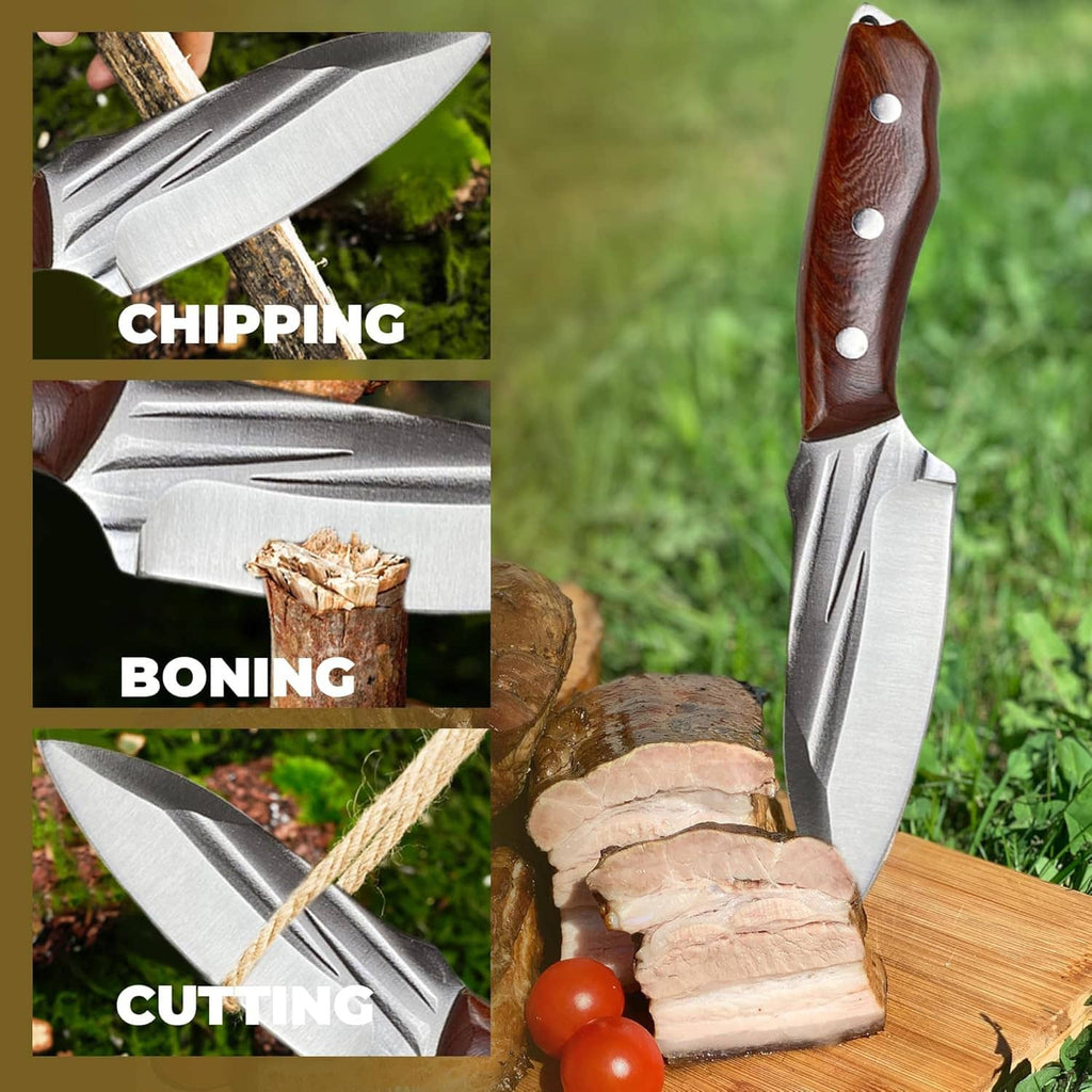 Wood-handled fixed blade knife with brown leather sheath on chopped wood outdoors