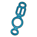 Lightweight aluminum figure-eight rappel device, blue with side ears and top eye