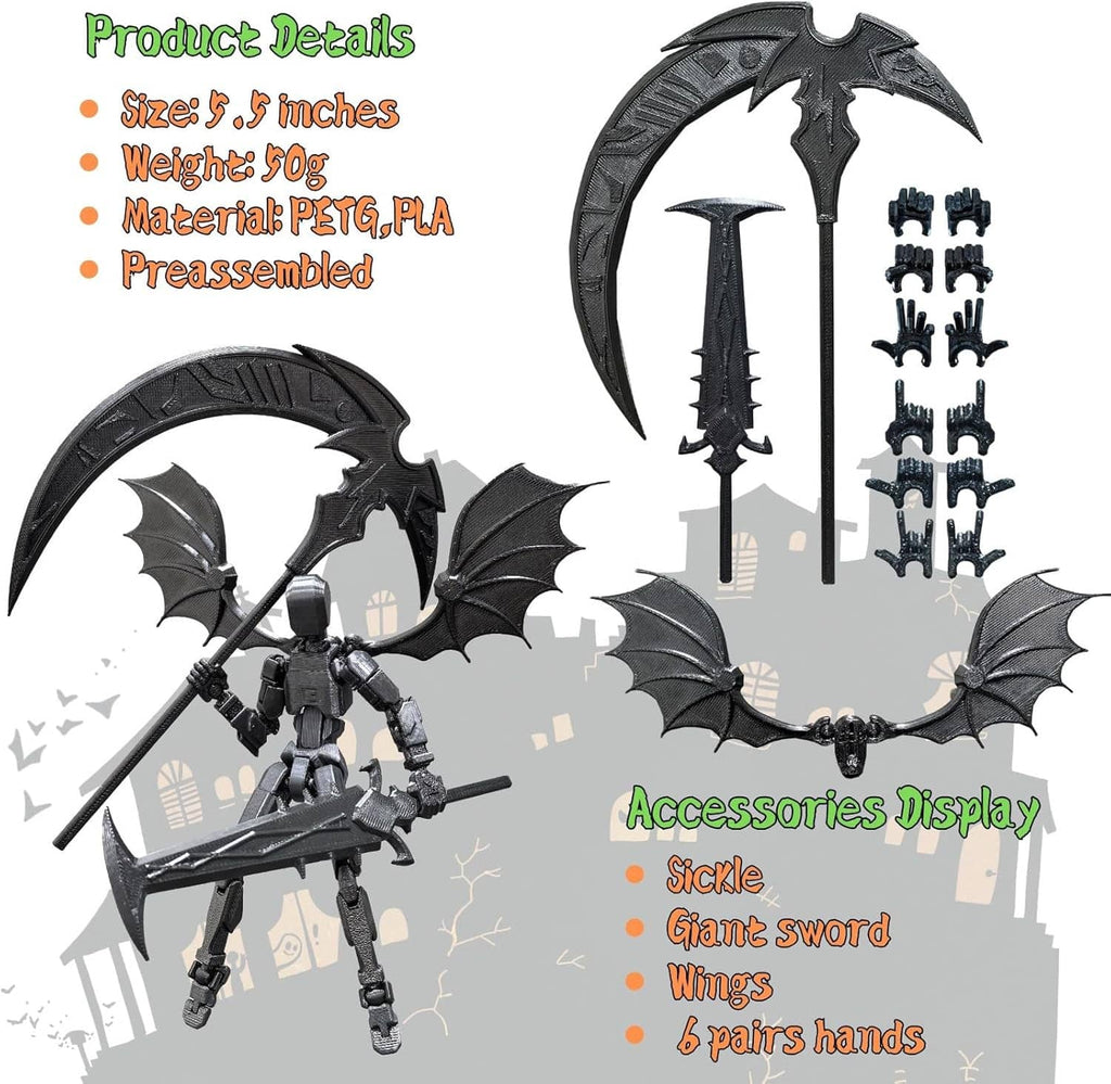 Titan 13 robot action figure accessories display: scythe, giant sword, wings, hand parts