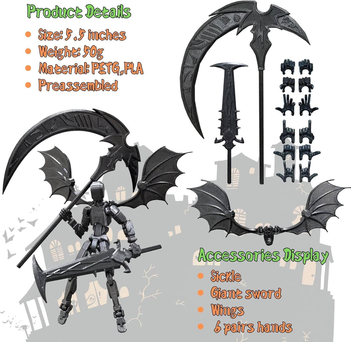 Titan 13 robot action figure accessories display: scythe, giant sword, wings, hand parts