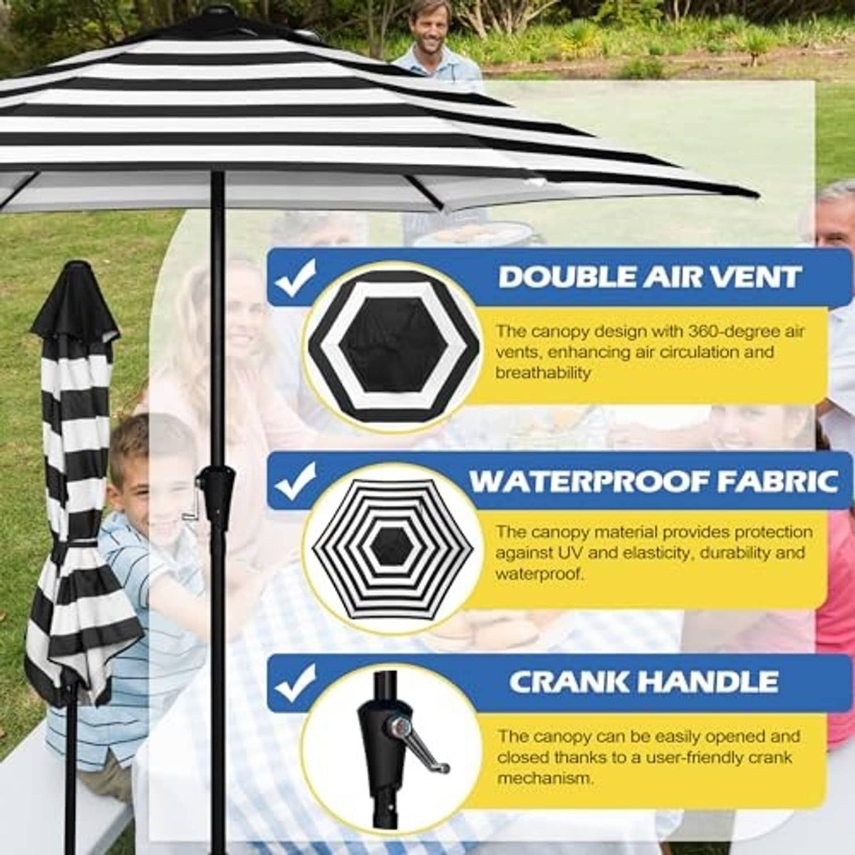 Patio umbrella with black-and-white striped canopy, central pole, and crank handle