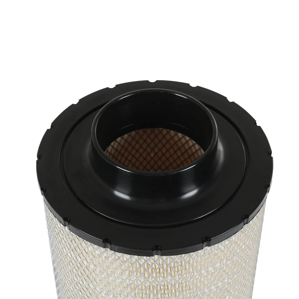 Air filter canister with black top housing and central inlet opening