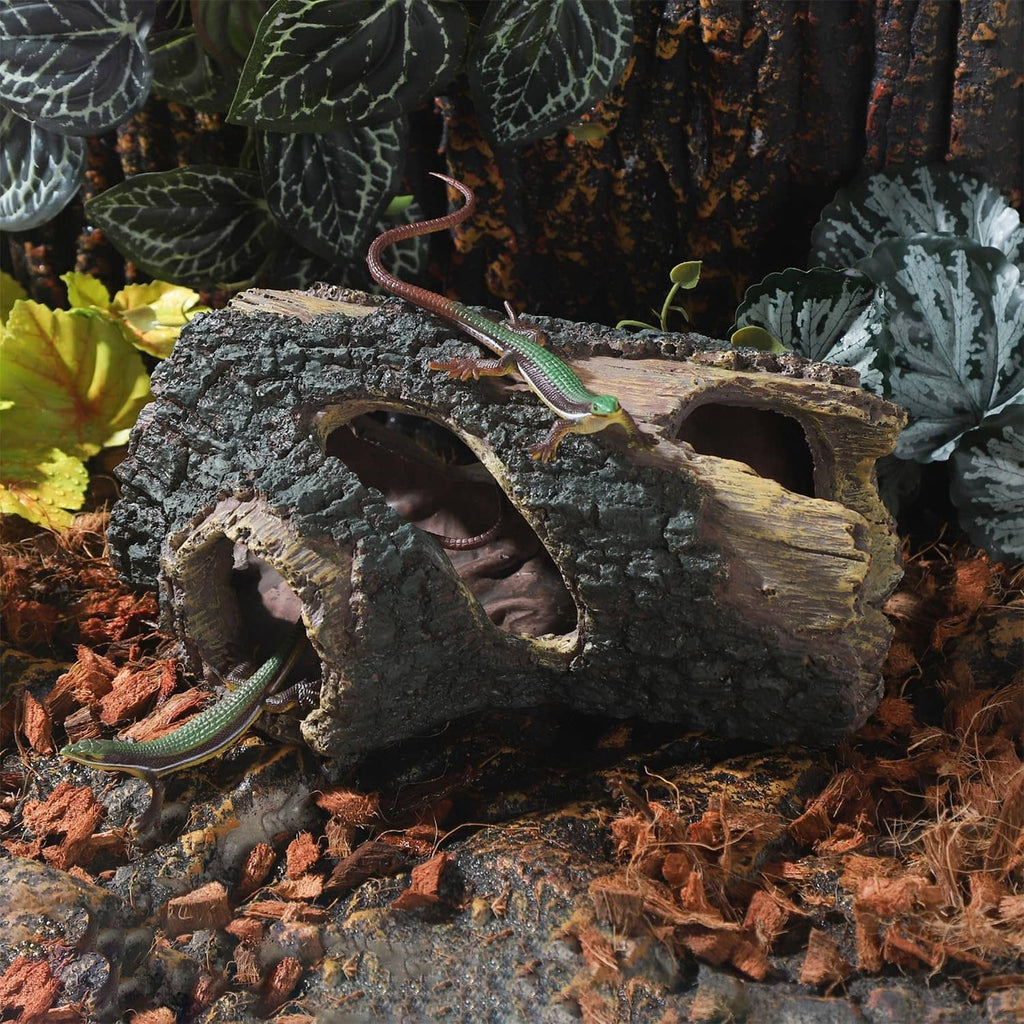 Aquarium log ornament with rugged bark texture and arched cave openings for hiding