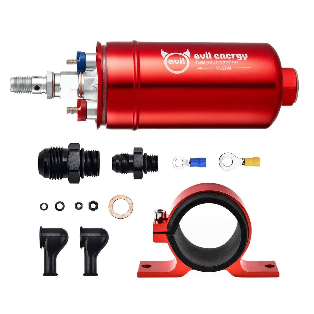 Red inline electric fuel pump with mounting bracket, fittings, and connectors