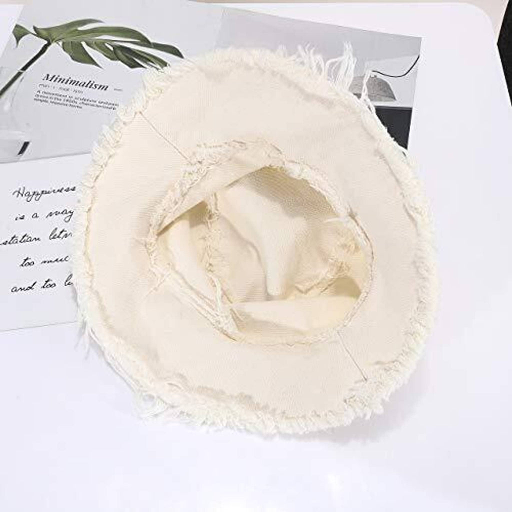 Cream cotton bucket hat with open inner view and wide frayed brim