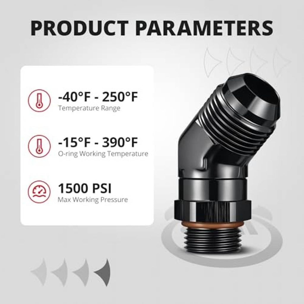 45-degree AN ORB male swivel adapter fitting with visible O-ring and black threaded housing