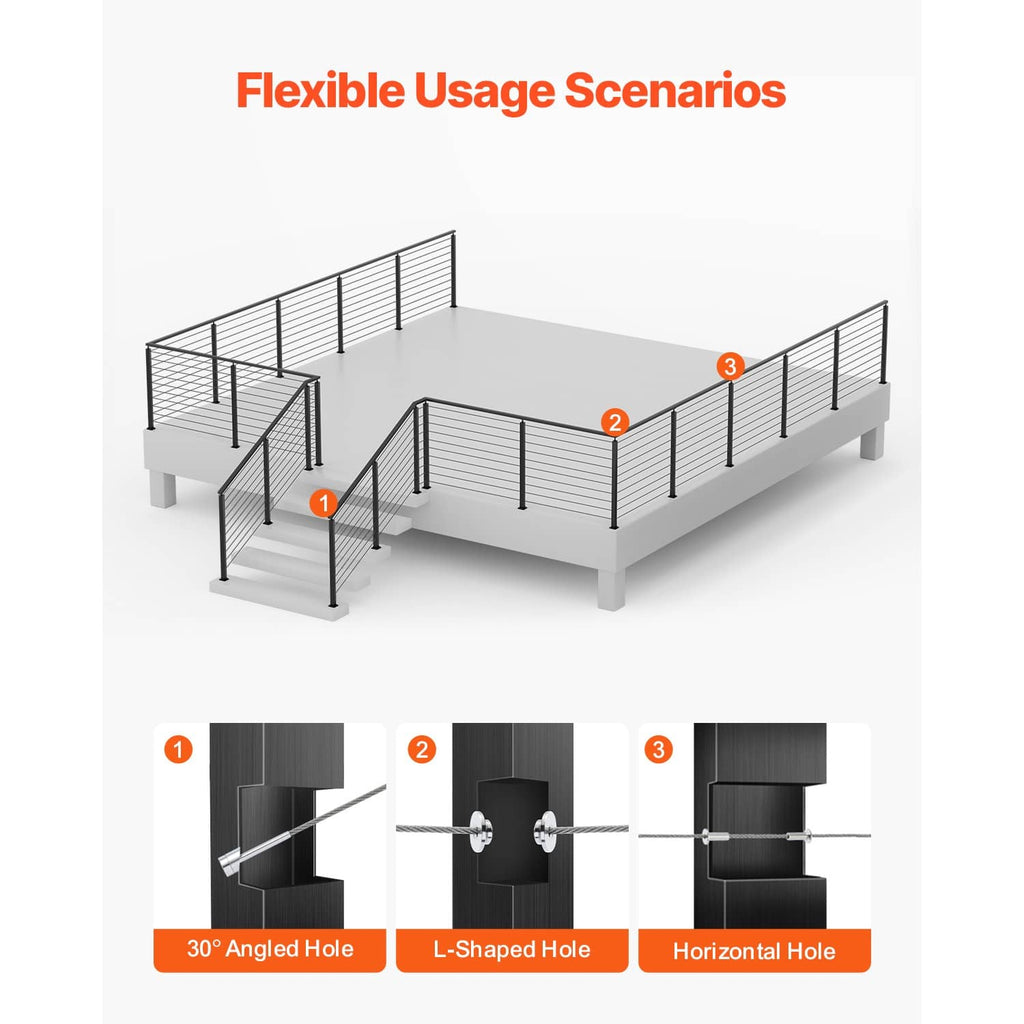 Black cable railing posts for deck railing corners and straight runs, horizontal-hole.