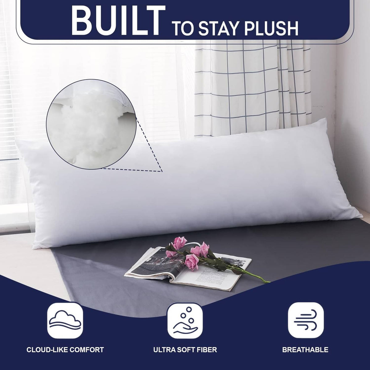 White long body pillow insert with smooth stitched seam