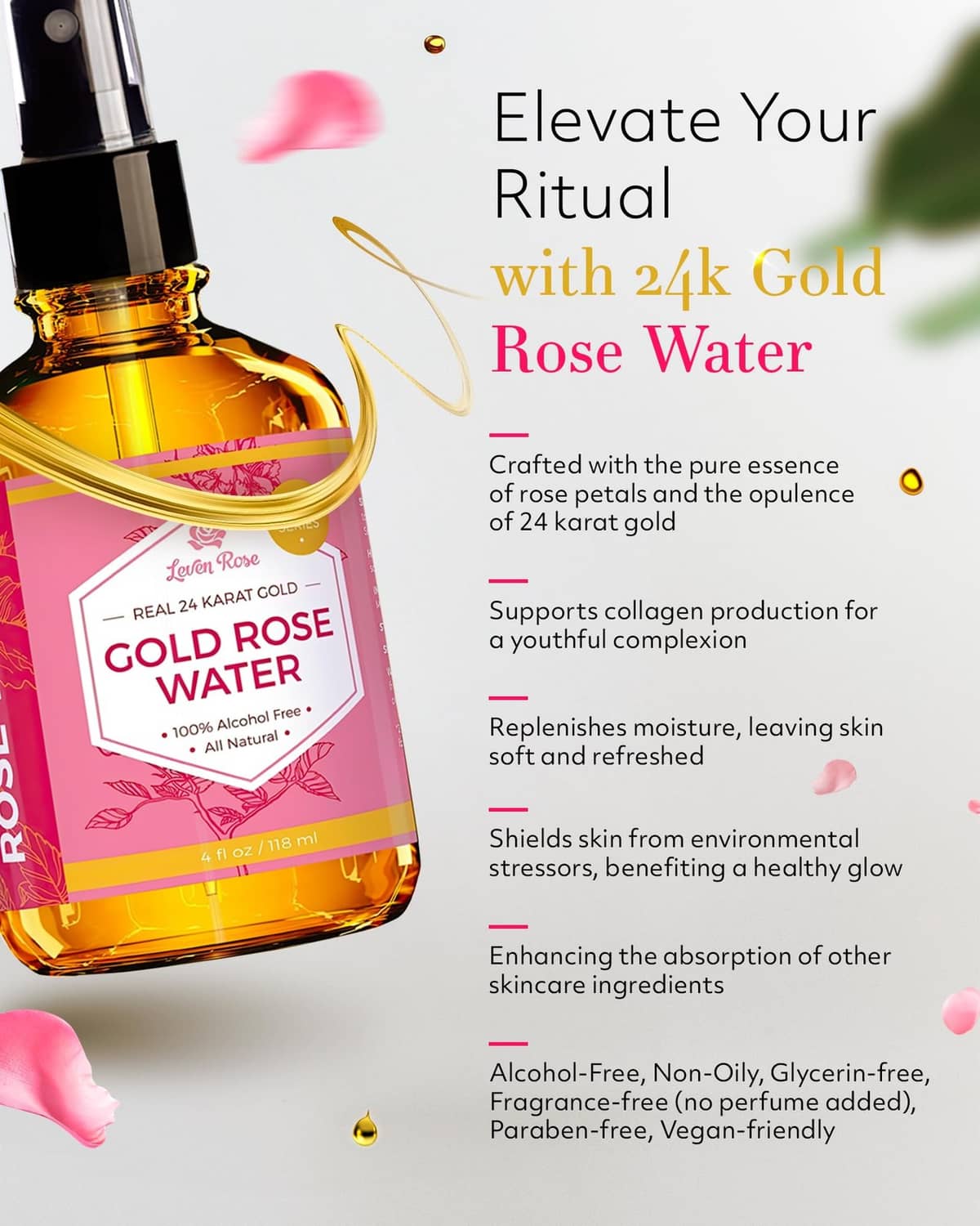 Amber gold rose water toner bottle with pink label and black pump sprayer, close-up view