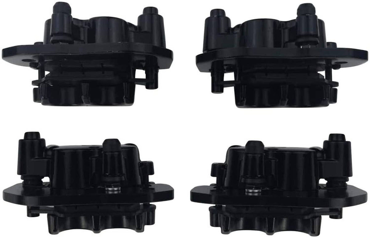 Black brake caliper housing pair with top bolt hardware and rounded mounting plates