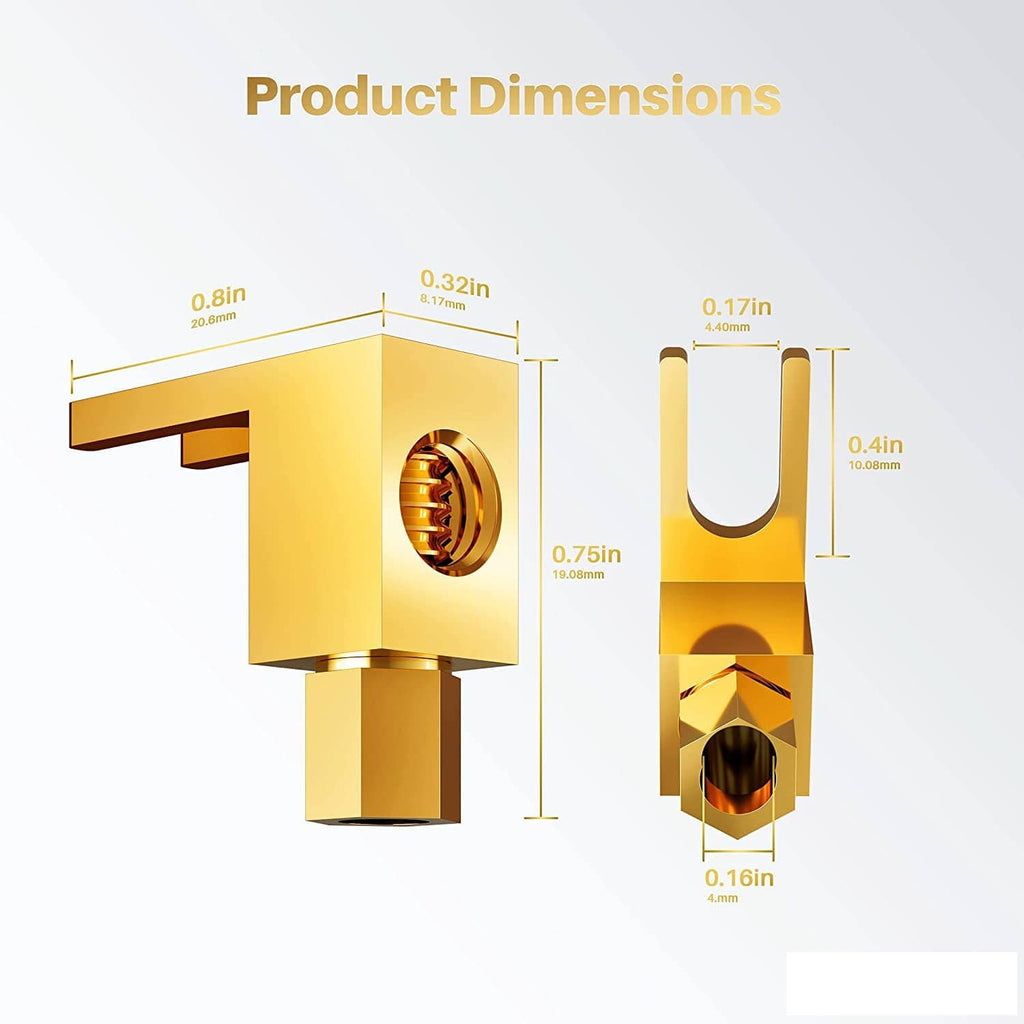 Gold spade plug connector with fork slot; side and front view with small size details