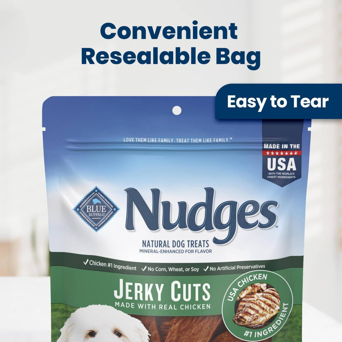 Blue Buffalo Nudges jerky cuts dog treat pouch, easy-tear and resealable design