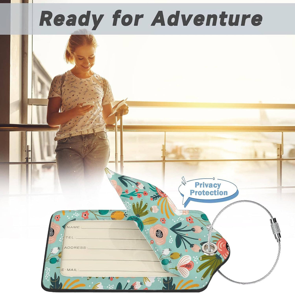 Floral luggage tag with teal and peach designs, metal ring and hanging cord