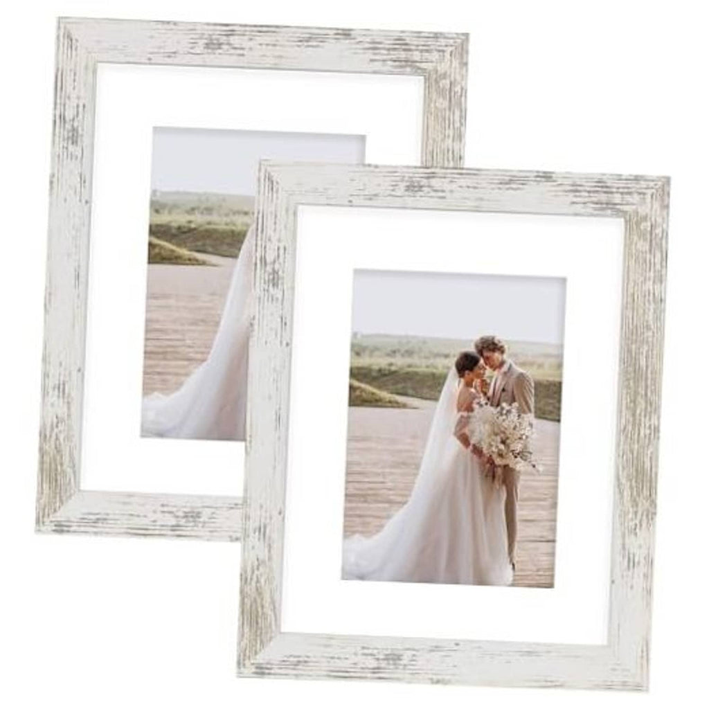Distressed white 8x10 picture frames set of two with glass and white mat