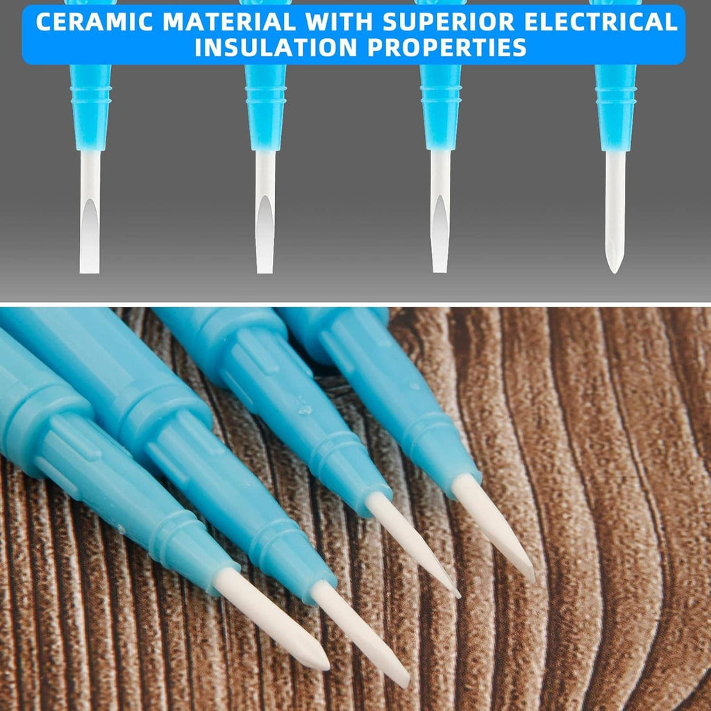 Close-up of four slotted screwdriver tips with white ceramic ends