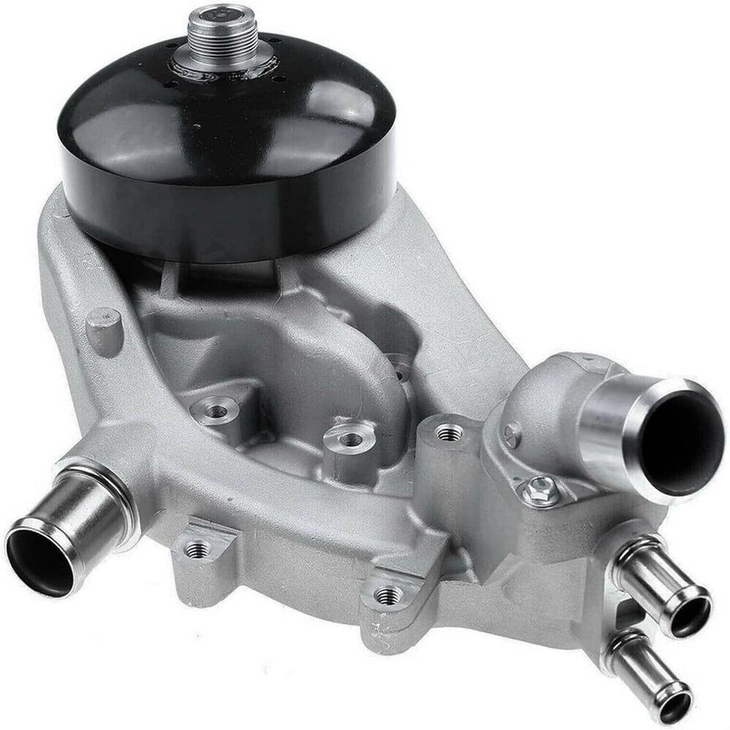 Water pump with thermostat, silver housing with black top cover and multiple outlet ports