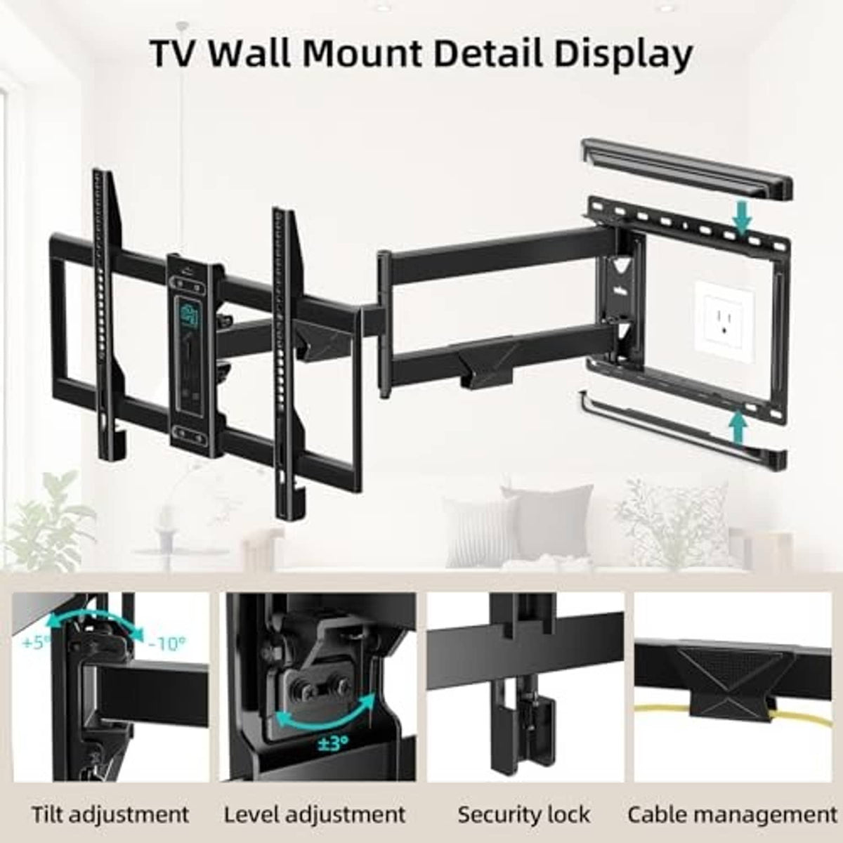 Corner TV wall mount detail view showing tilt, level, security lock, and cable management