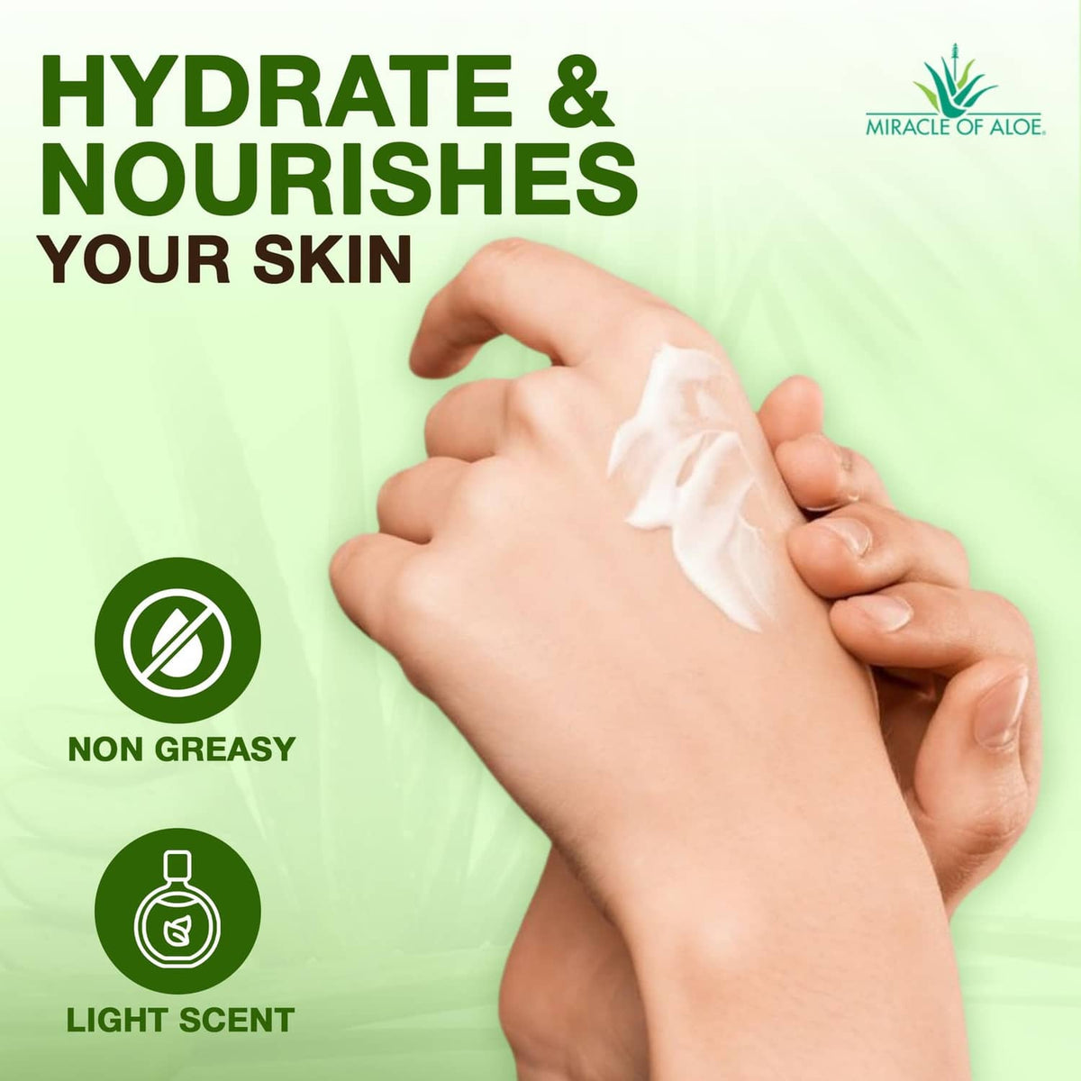 Hand cream rubbed into hands, non-greasy moisturizing care shown