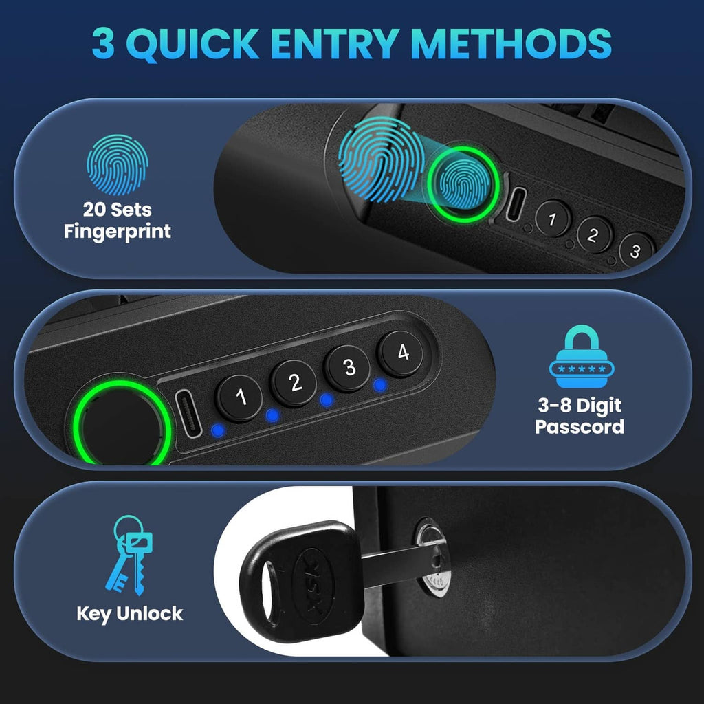 Black biometric gun safe with fingerprint scanner, keypad, and key lock