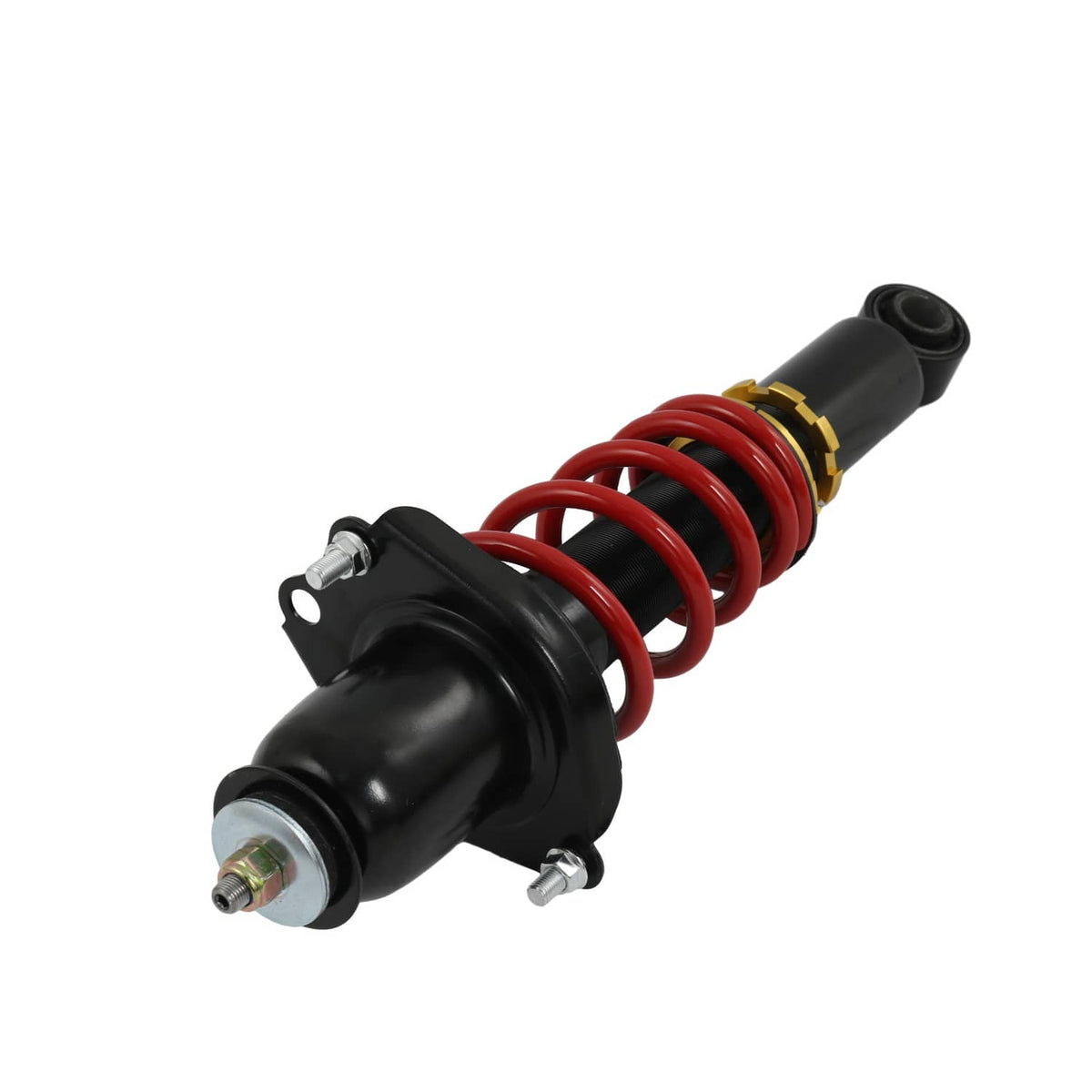 Coilover strut shock with red coil spring and black mount bracket