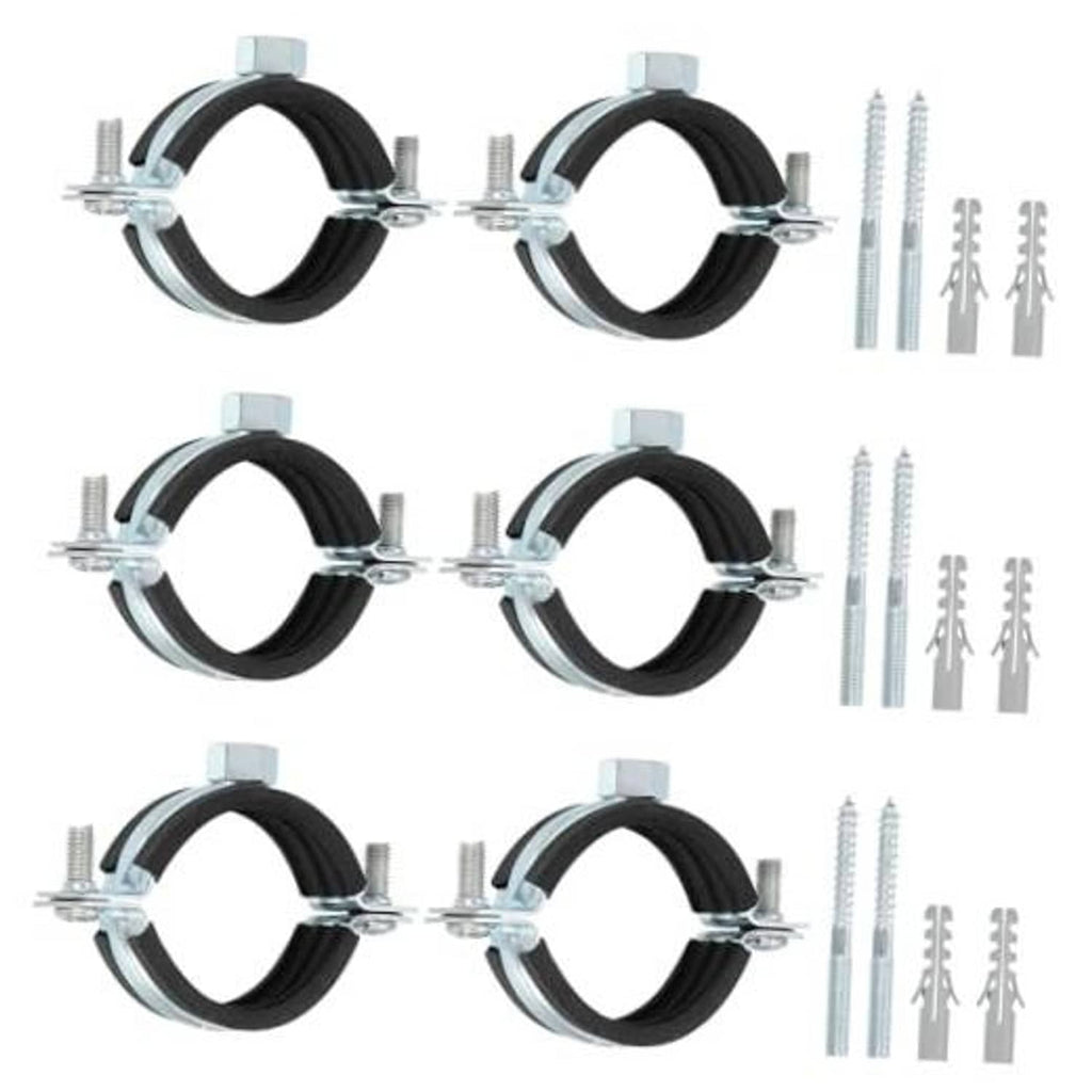 Set of adjustable pipe bracket clamps with black rubber lining and galvanized bolts