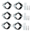 Set of adjustable pipe bracket clamps with black rubber lining and galvanized bolts