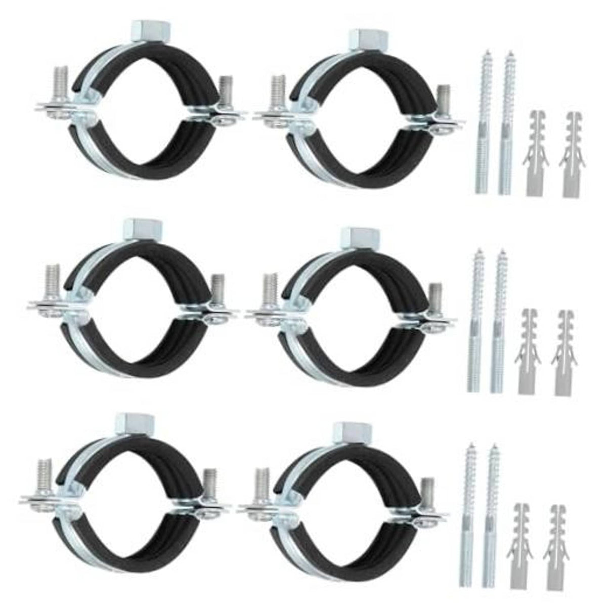 Set of adjustable pipe bracket clamps with black rubber lining and galvanized bolts