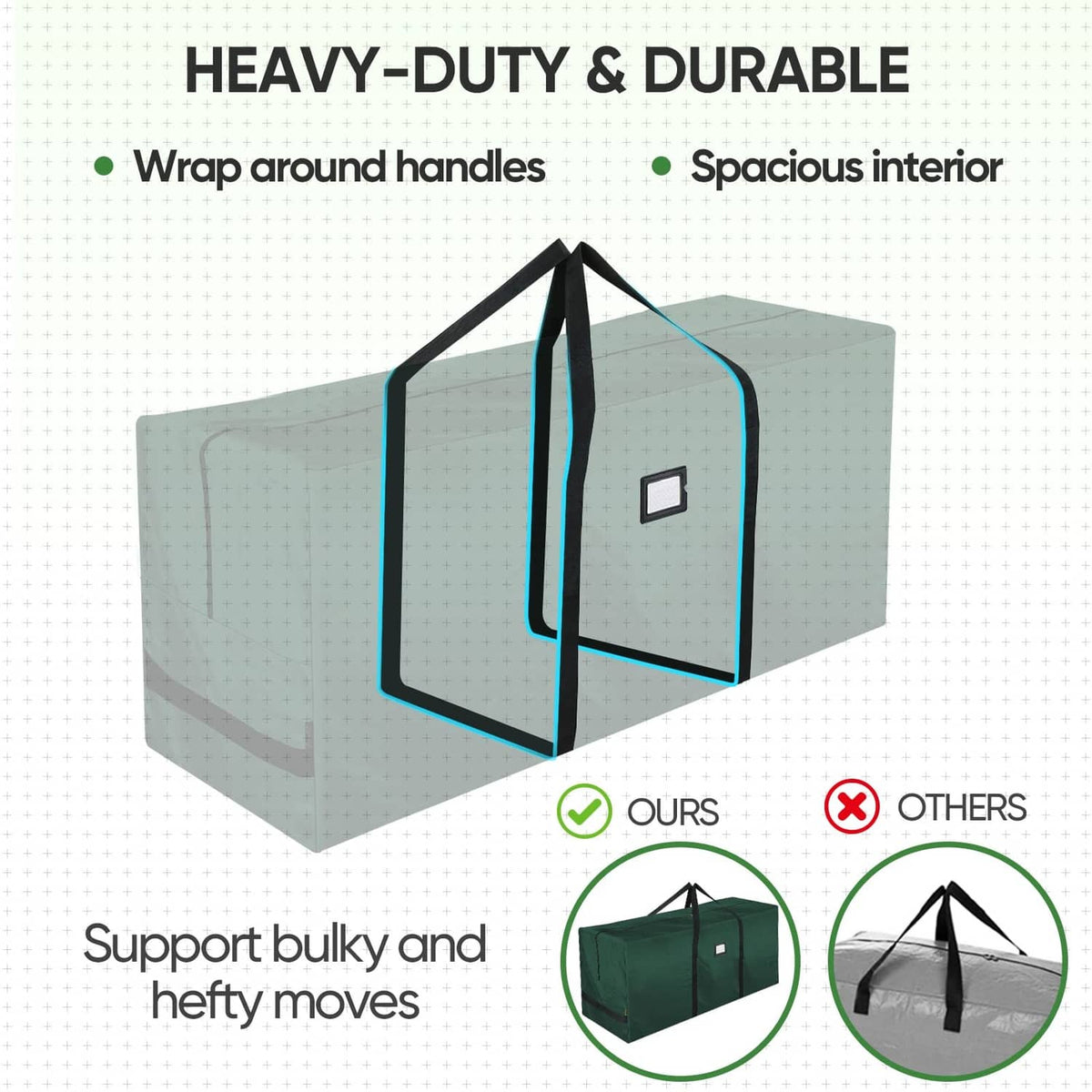 Green heavy-duty tree storage bag with wraparound handles and roomy interior