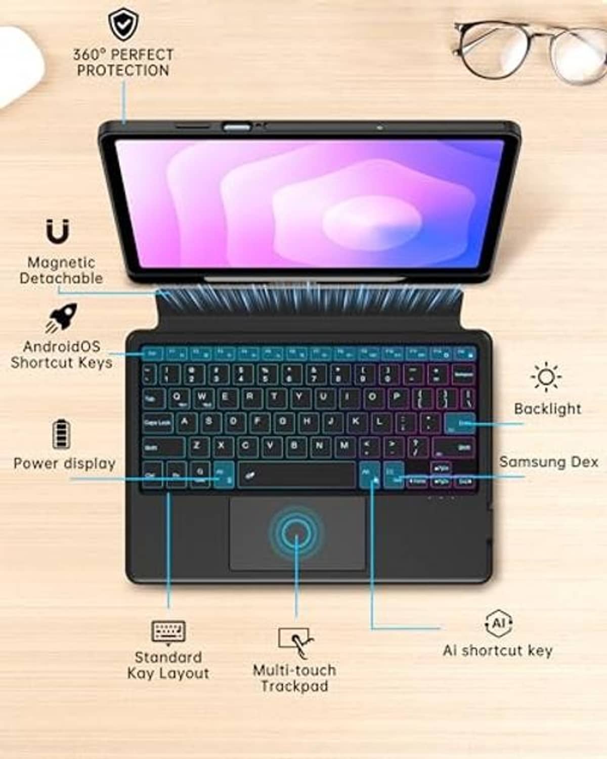 Backlit keyboard case with trackpad, detachable design, and 360 protection