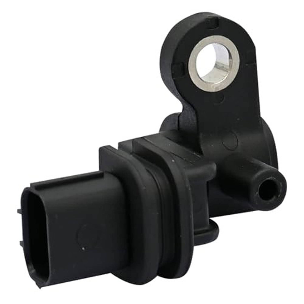 Crankshaft position sensor with black housing, circular mounting hole, and round wire opening