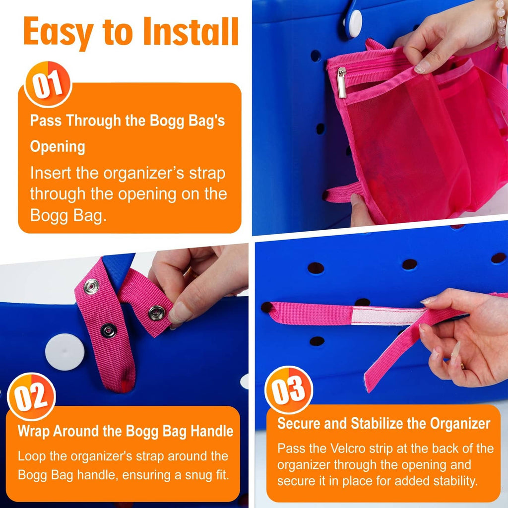 Mesh organizer insert secured with a strap and loop for stable attachment