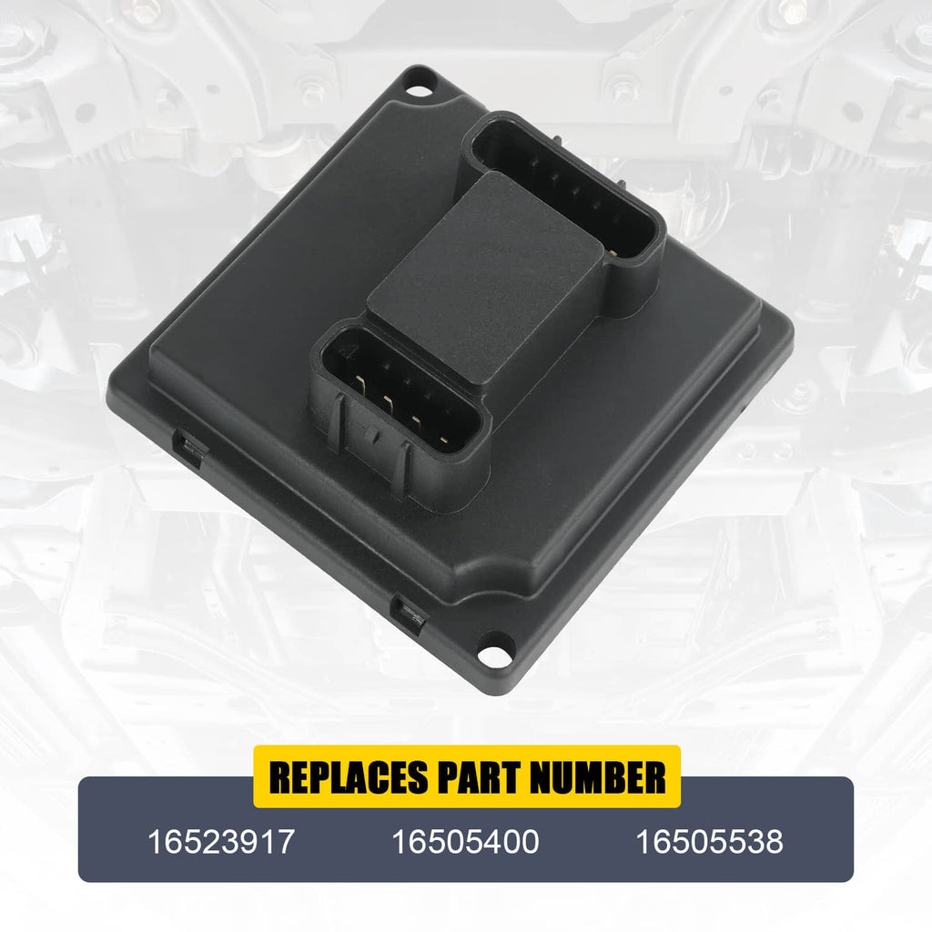 Black headlight actuator control relay module with two multi-pin connectors on side.