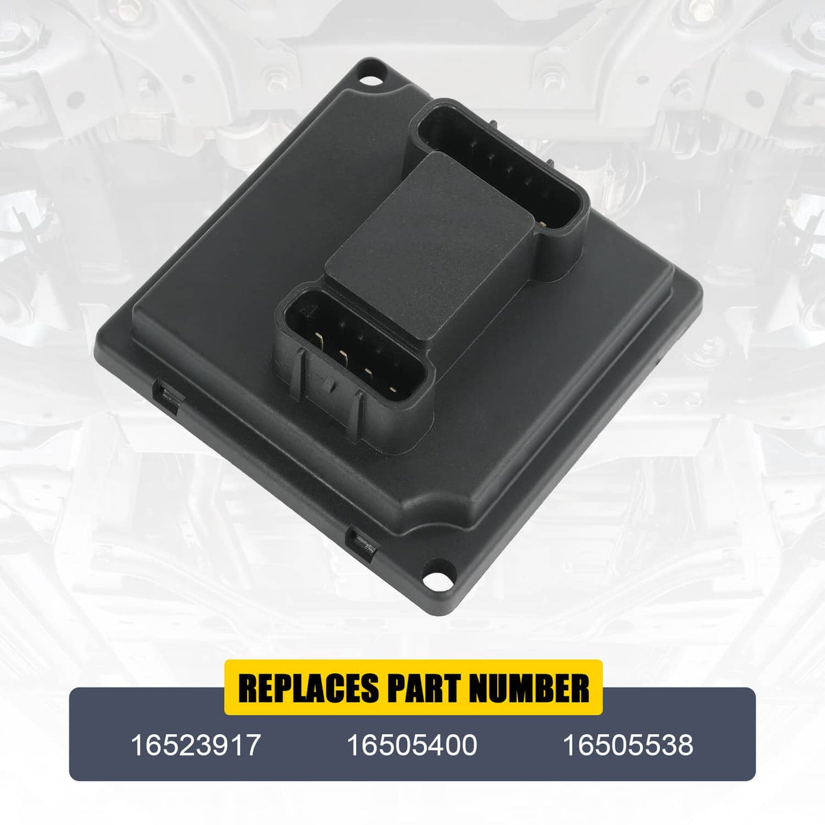 Black headlight actuator control relay module with two multi-pin connectors on side.