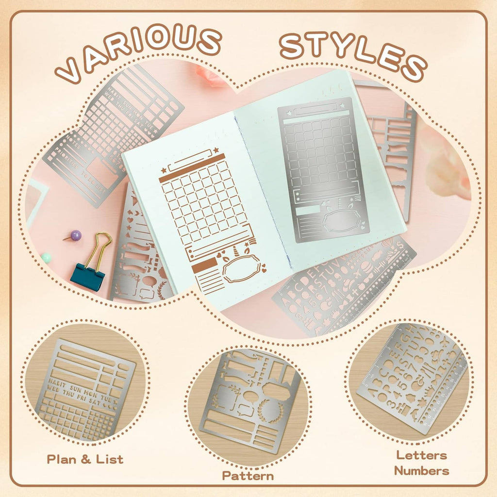 Silver metal stencils for planner grids, patterns, letter/number designs